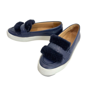 Longchamp navy leather and sherpa loafers